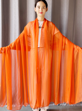 3米长橙色丝巾女橘红色围巾海边防晒沙滩披肩150x300特大号薄纱巾