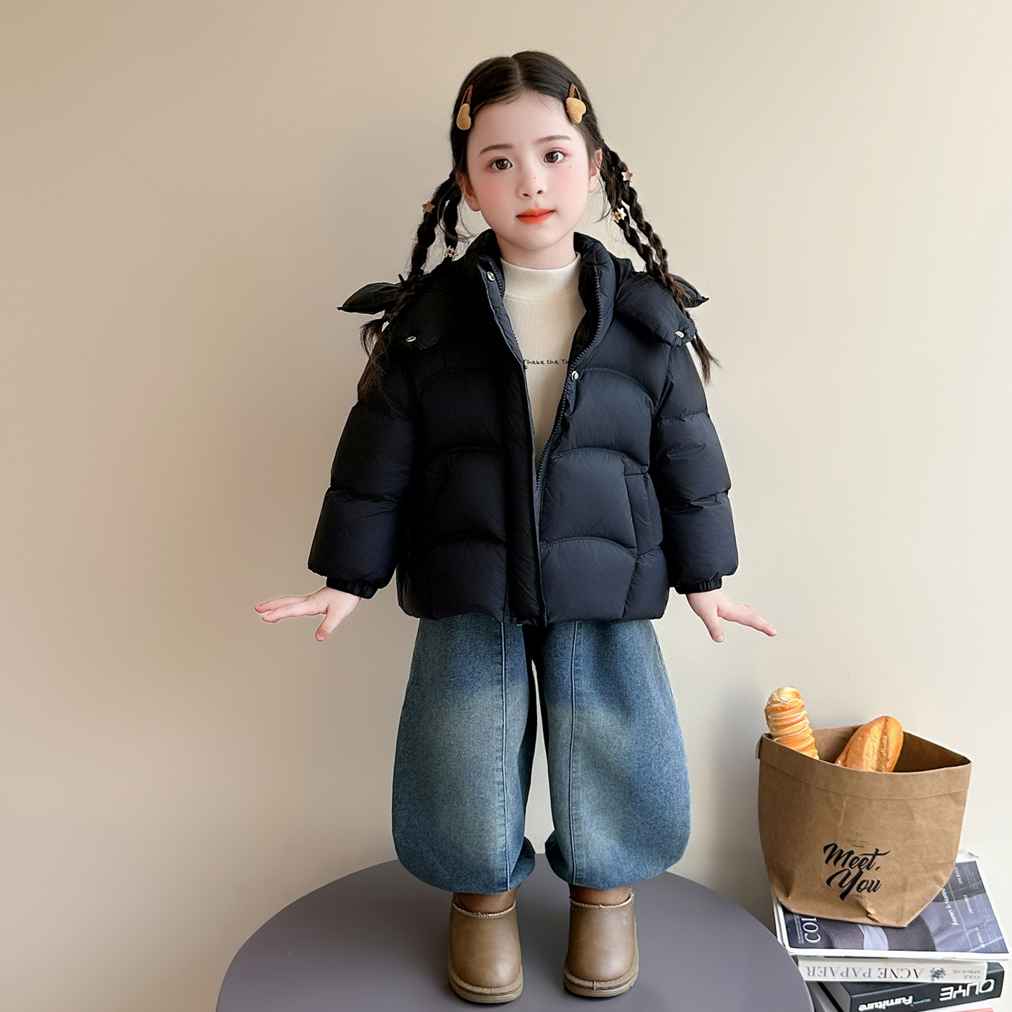 女童羽绒服外套2026冬季新款小女孩甜美可爱花朵帽子保暖休闲上衣