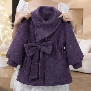 女童冬季加绒加厚中长款外套2025新款女孩洋气可爱蝴蝶结百搭大衣