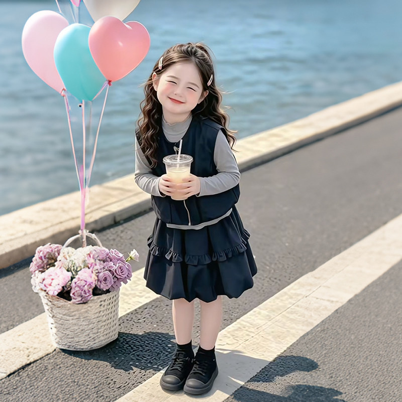 女童韩版秋季三件套2026新款女孩洋气马甲打底衫裙子时尚儿童套装