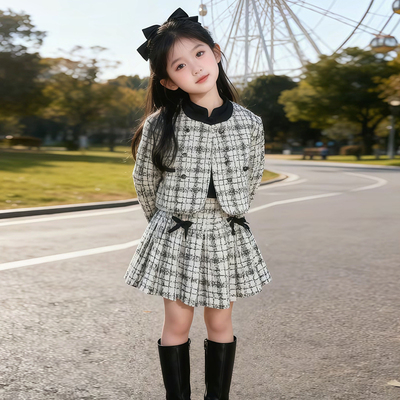 女童小香风格纹三件套儿童套装
