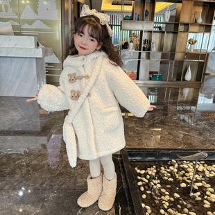 女童外套2025新款冬季女宝宝加绒毛毛衣服中长款时尚洋气加厚冬装