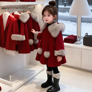 女童冬季毛领呢大衣加绒保暖外套2026新款拜年服小女孩新年过年服