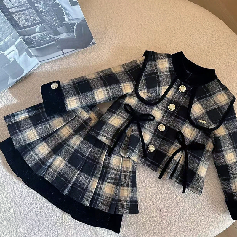 女童冬季学院风格纹外套百褶裙两件套2025新款小女孩加厚保暖套装