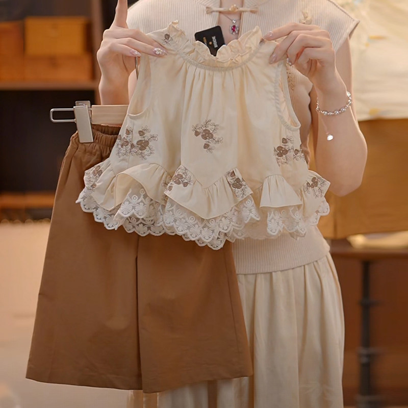女童夏季甜美花边无袖上衣阔腿裤两件套2026新款女孩韩版洋气套装