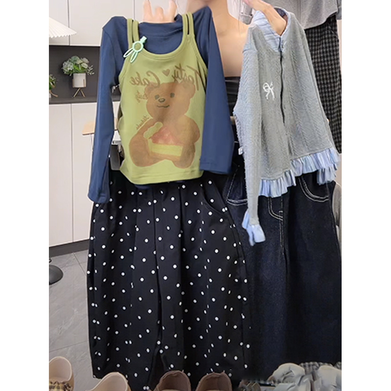 女童韩版套装2025春秋季新款小女孩洋气猫咪吊带长袖波点裤两件套