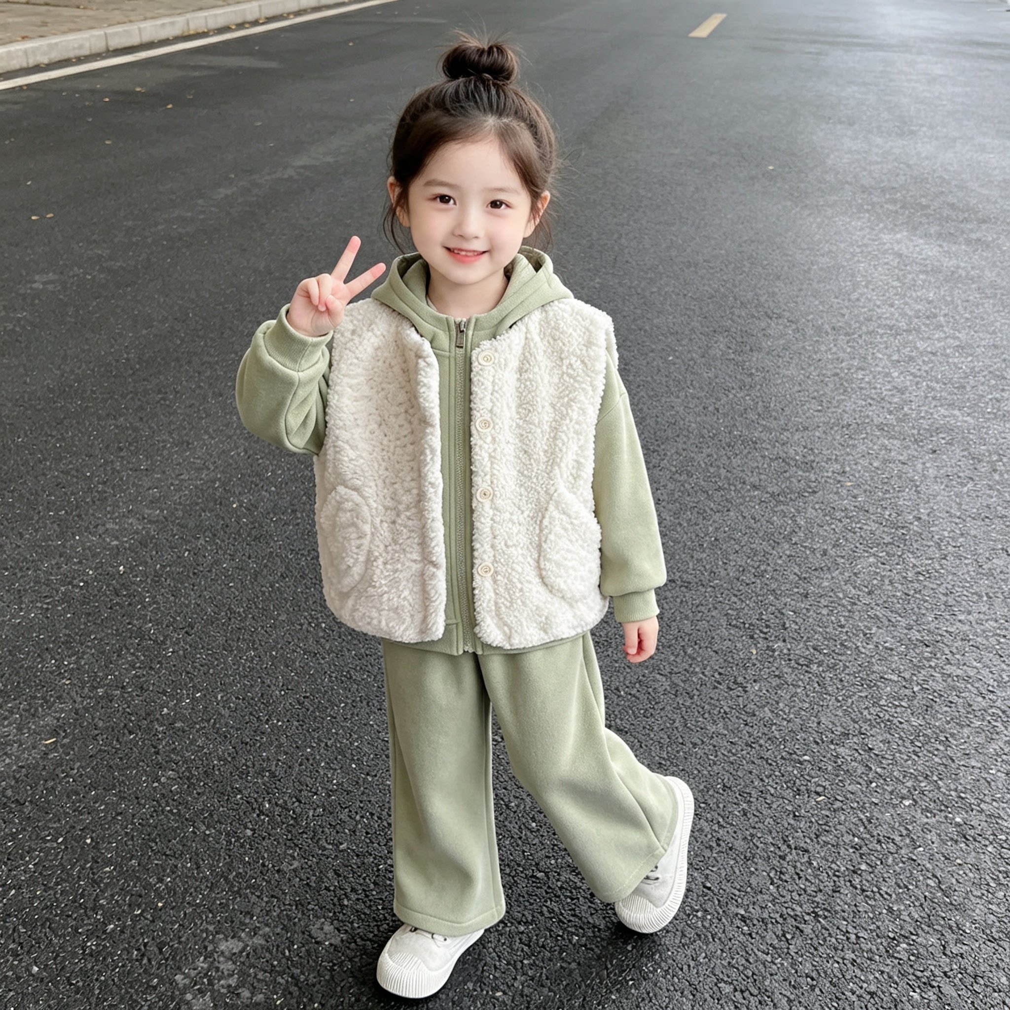 女童可爱冬季三件套2026新款小女孩毛茸茸马甲连帽卫衣休闲裤套装