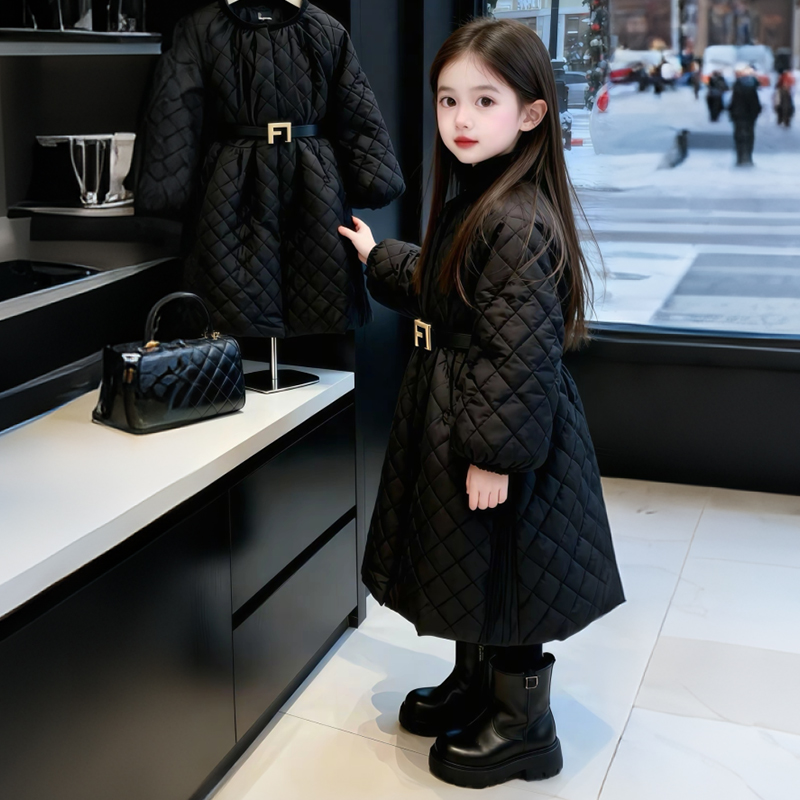 女童菱格棉服中长款收腰连衣裙