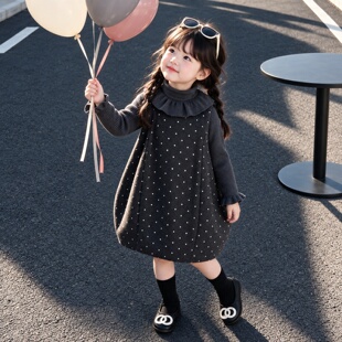 女童可爱波点连衣裙套装2026冬季小女孩加厚保暖毛衣背心裙两件套