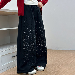 女童加绒裤子2026冬季新款女孩加厚保暖长裤儿童爵士舞烫钻阔腿裤