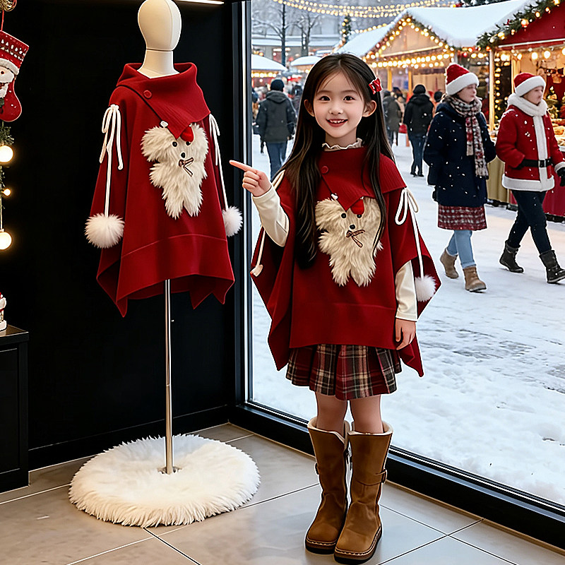 女童冬季小狗斗篷毛衣格子裙三件套加厚拜年服2026新款小女孩套装