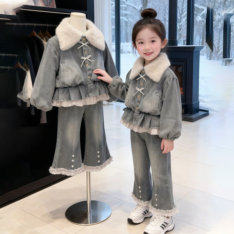 女童冬季加绒加厚保暖牛仔套装2025新款小女孩洋气百搭外套两件套