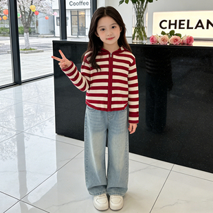 女童韩版条纹针织开衫2026春季新款小女孩洋气学院风拉链毛衣外套
