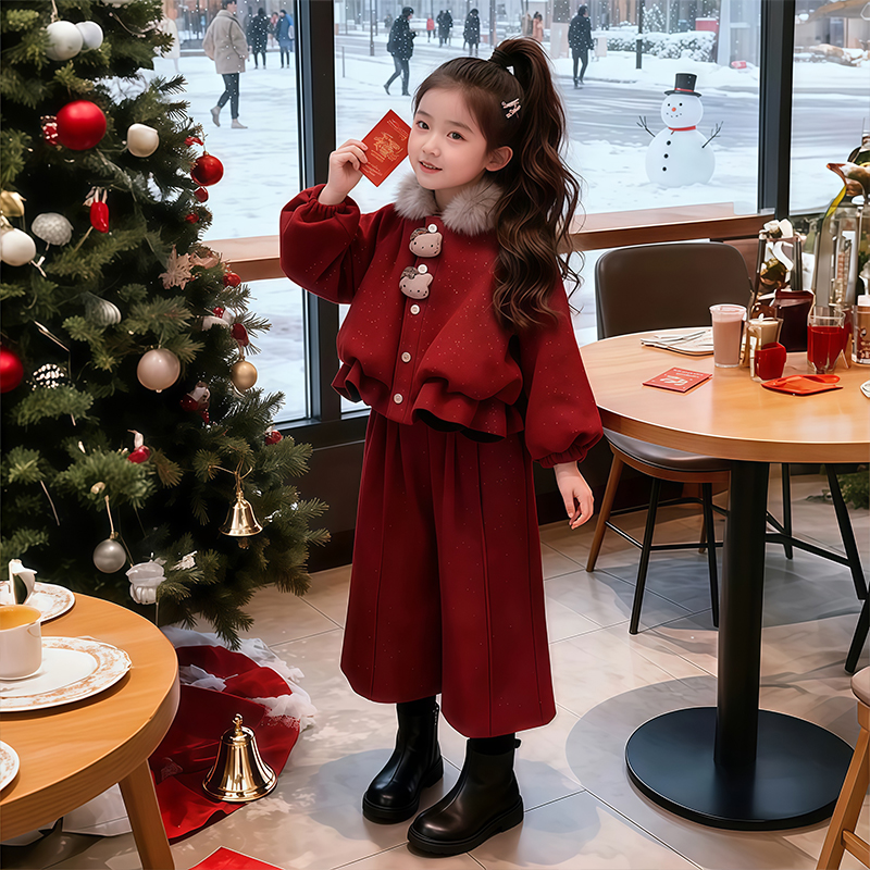 女童红色两件套冬季新款加绒保暖洋气新年过年服2025新款女孩套装