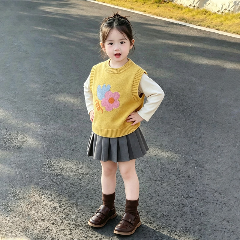 女童韩系学院风针织马甲2026秋季新款小女孩时尚百搭卡通叠穿背心