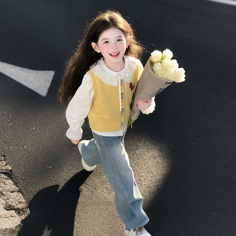 女童春季套装2026小女孩休闲甜美娃娃领衬衫针织马甲牛仔裤三件套,童装/婴儿装/亲子装,衬衫,淘宝优惠券,粉丝福利购,淘宝优惠卷