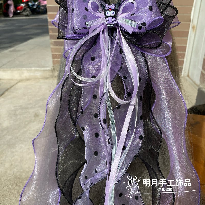 儿童蝴蝶结飘带发夹新款洋气头纱顶夹手工三层紫色超仙库洛米头饰