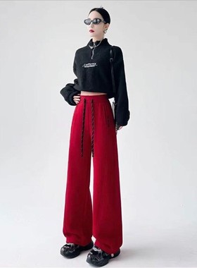 裤子女款冬加绒加厚直筒裤红色休闲卫裤韩版百搭时尚阔腿裤运动裤