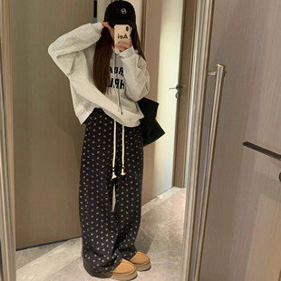 2025秋冬新款爆款松紧腰碎花卫裤女款加绒加厚抽绳慵懒风休闲裤子