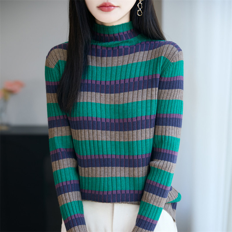 彩虹条纹软糯针织打底衫女毛衣2025秋冬新款时尚百搭显搭显瘦高领