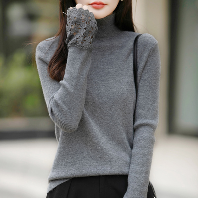 花边袖半高领纯色毛衣