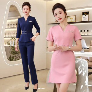 高端养生馆足疗店气质时尚 套装 工作服 修身 美容师工作服女V领短袖