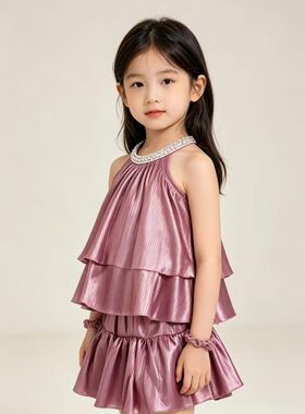 【送发圈】夏季新款女大童挂脖套装时尚气质亲子两件套-MZC147