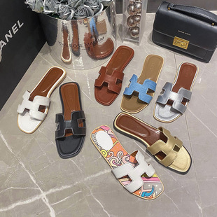 敲有性价比~大叔家方头平底拖鞋女2024夏H型一字懒人沙滩鞋外穿