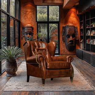 1919雪茄椅美式 复古全真皮教父椅老虎椅休闲椅中古威士忌椅雪茄吧