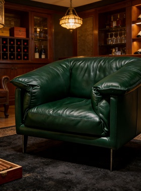新款美式复古油蜡皮别墅雪茄吧绿色单人沙发中古风高端真皮羽沙发