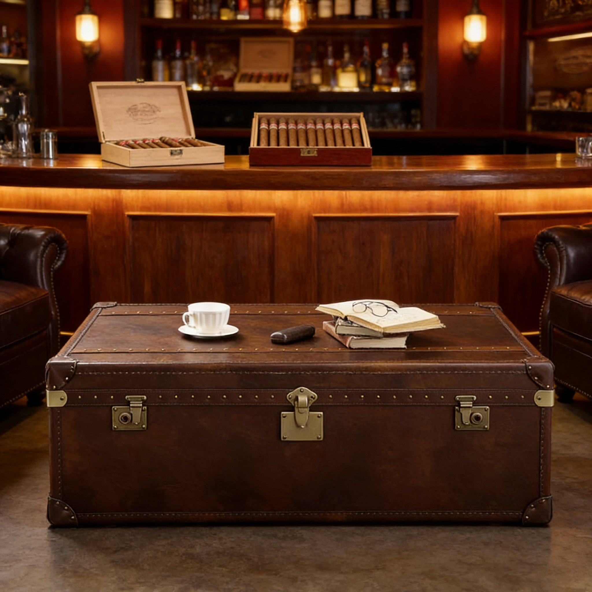 复古实木茶几中古风皮箱储物箱式做旧铆钉装饰收纳茶几客厅雪茄吧