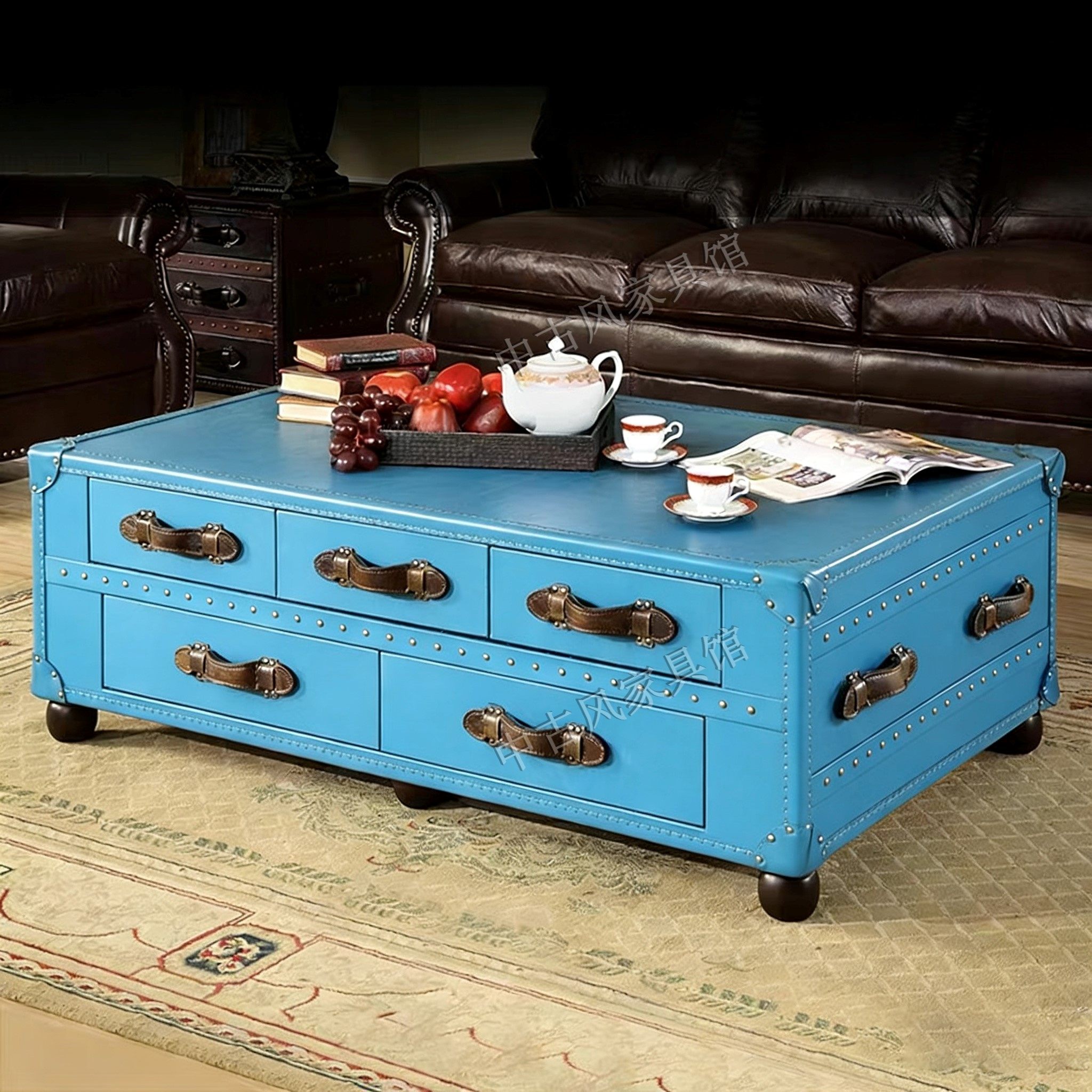 美式复古皮箱茶几中古风做旧实木多层板储物收纳柜雪茄吧客厅家具