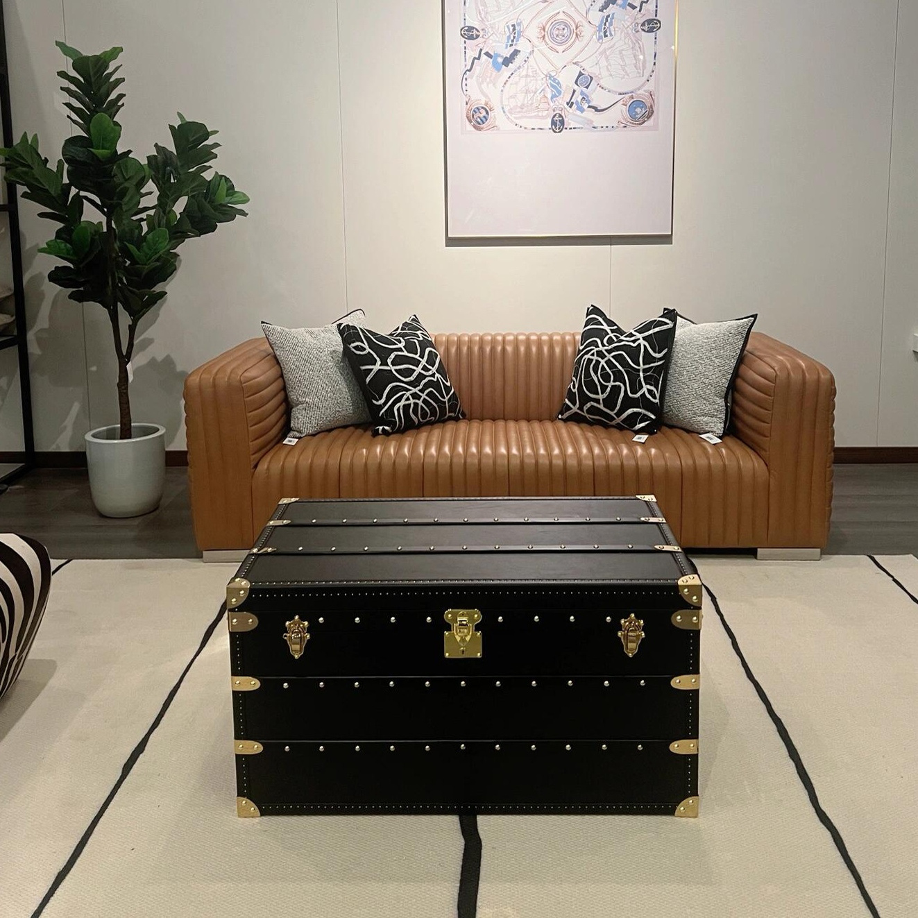 中古风油蜡皮箱美式复古做旧皮箱收纳柜高端别墅房雪茄吧实木茶几