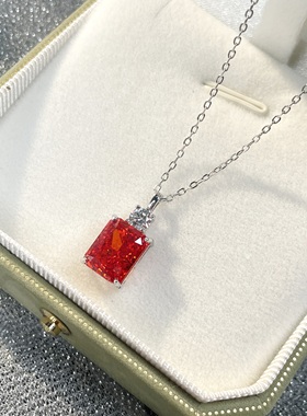 3克拉纯银925进口高碳钻冰花切正红色宝石方形吊坠时尚高级项链女