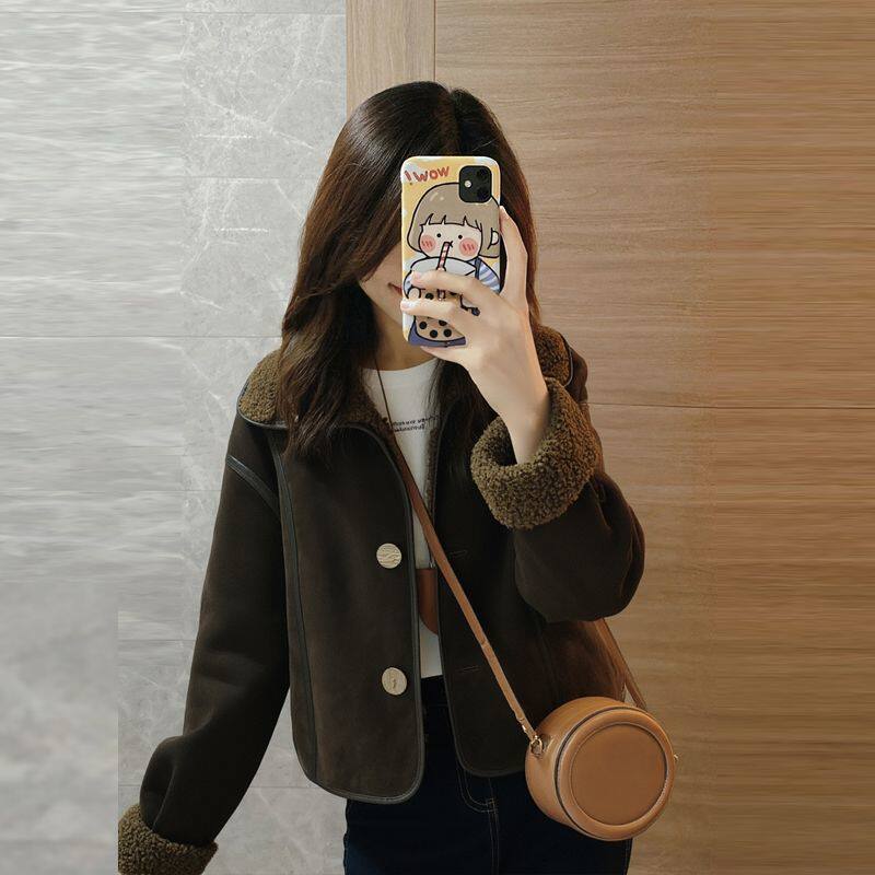 秋冬新款女装咖色翻领皮毛一体加绒加厚短款羊羔毛外套女冬季