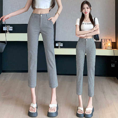 格子高腰弹力薄款九分裤女