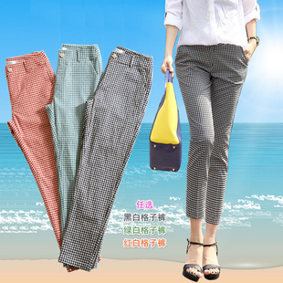 女新款 修身 显瘦小脚铅笔裤 女 弹力黑白格子九分裤 薄款 2024夏季 韩版