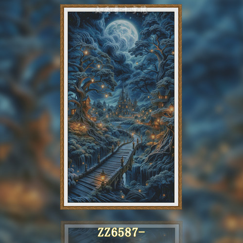 【ZZ6587-月光森林城堡】十字绣2026年新款客厅竖版玄关风景油画