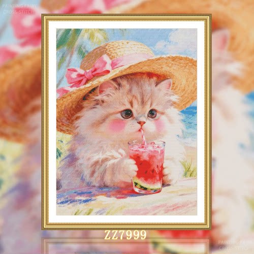 【ZZ7999-夏日西瓜猫】十字绣2025年新款线绣客厅卧室系油画动物