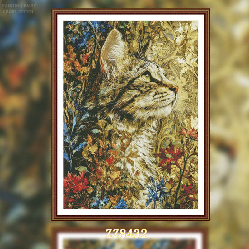 【ZZ8443-复古花纹虎斑猫】十字绣2026新款竖版玄关猫咪动物系列