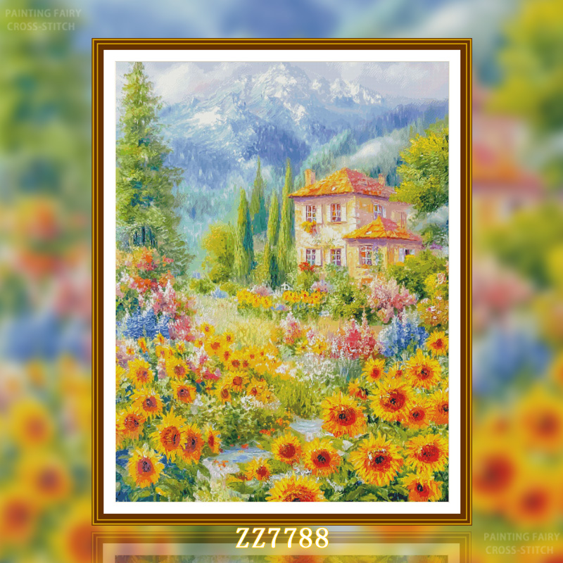 【ZZ7788-山脚下的向日葵小屋】十字绣2025新款客厅餐厅简约画风