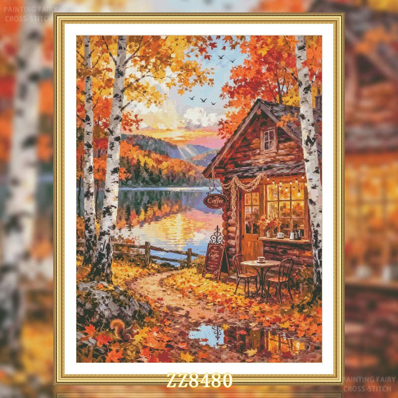 【ZZ8480-湖畔咖啡屋】十字绣2026新款餐厅竖版风景系列简约油画
