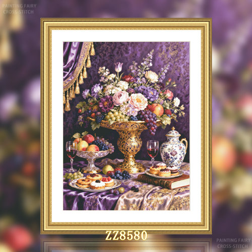 【KZ-ZZ8580-紫韵金辉】十字绣2026新款客厅花卉竖版玄关风景