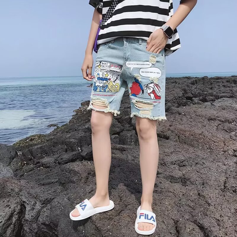 夏季浅色破洞牛仔短裤男潮牌宽松直筒日系五分裤韩版潮流薄款裤子
