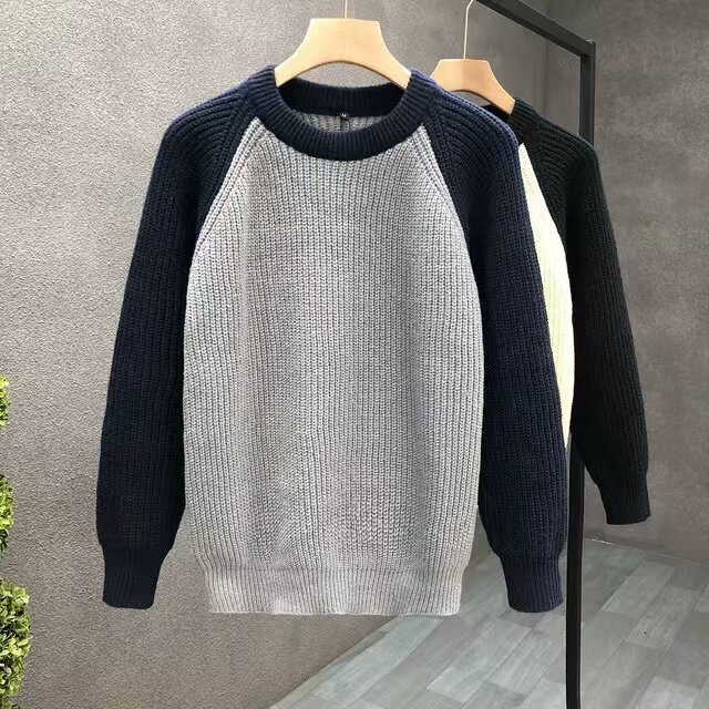 拼色插肩袖毛衣男冬季宽松加厚套头针织衫日系潮流慵懒风打底线衣