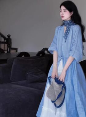 蓝色衬衫裙高腰显瘦大摆长裙套装