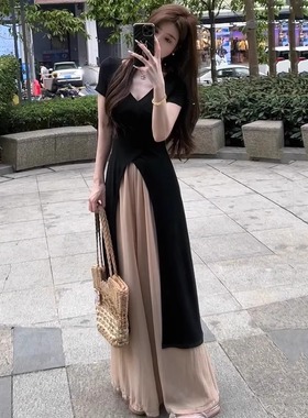 夏装穿搭一整套2024新款黑色连衣裙阔腿裤两件套盐系轻熟时尚套装