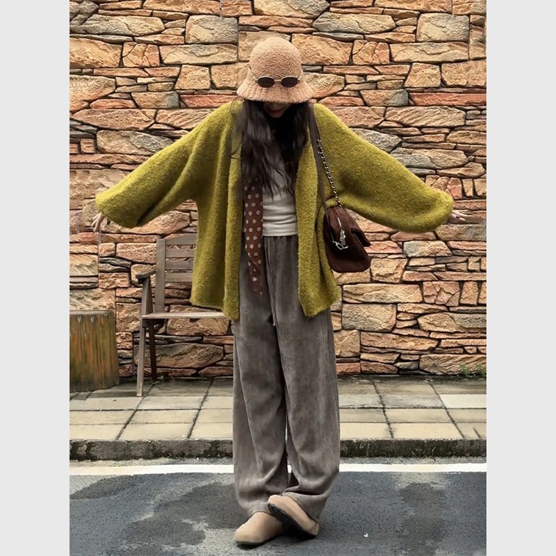 减龄绿色针织开衫休闲长裤套装女