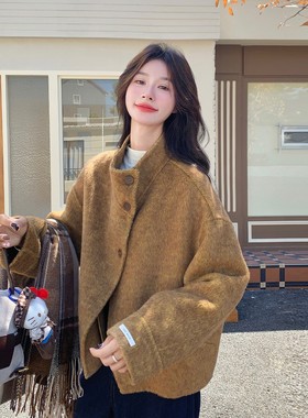 咖色韩系超好看加厚呢子大衣女小个子2025冬新款时尚气质立领外套