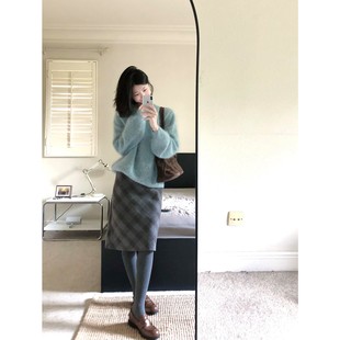 两件套装 韩系温柔蓝色圆领毛衣女秋冬2025新款 格纹a字半身裙时尚